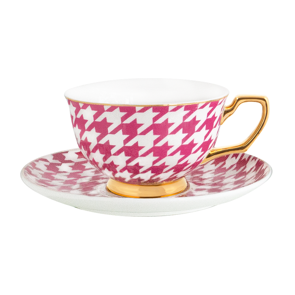 Cristina Re Fuschia Houndstooth Teacup and Saucer Set