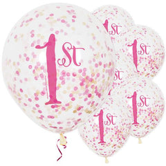 1st Birthday Pink Confetti Party Balloons - 12" / 3cm Latex (pack of 6)