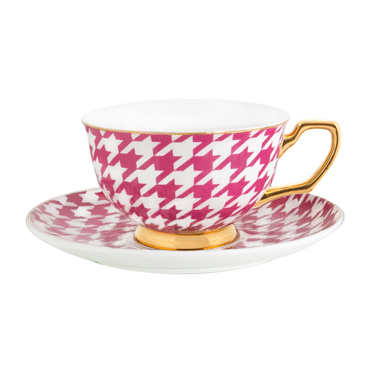 Cristina Re Fuschia Houndstooth Teacup and Saucer Set