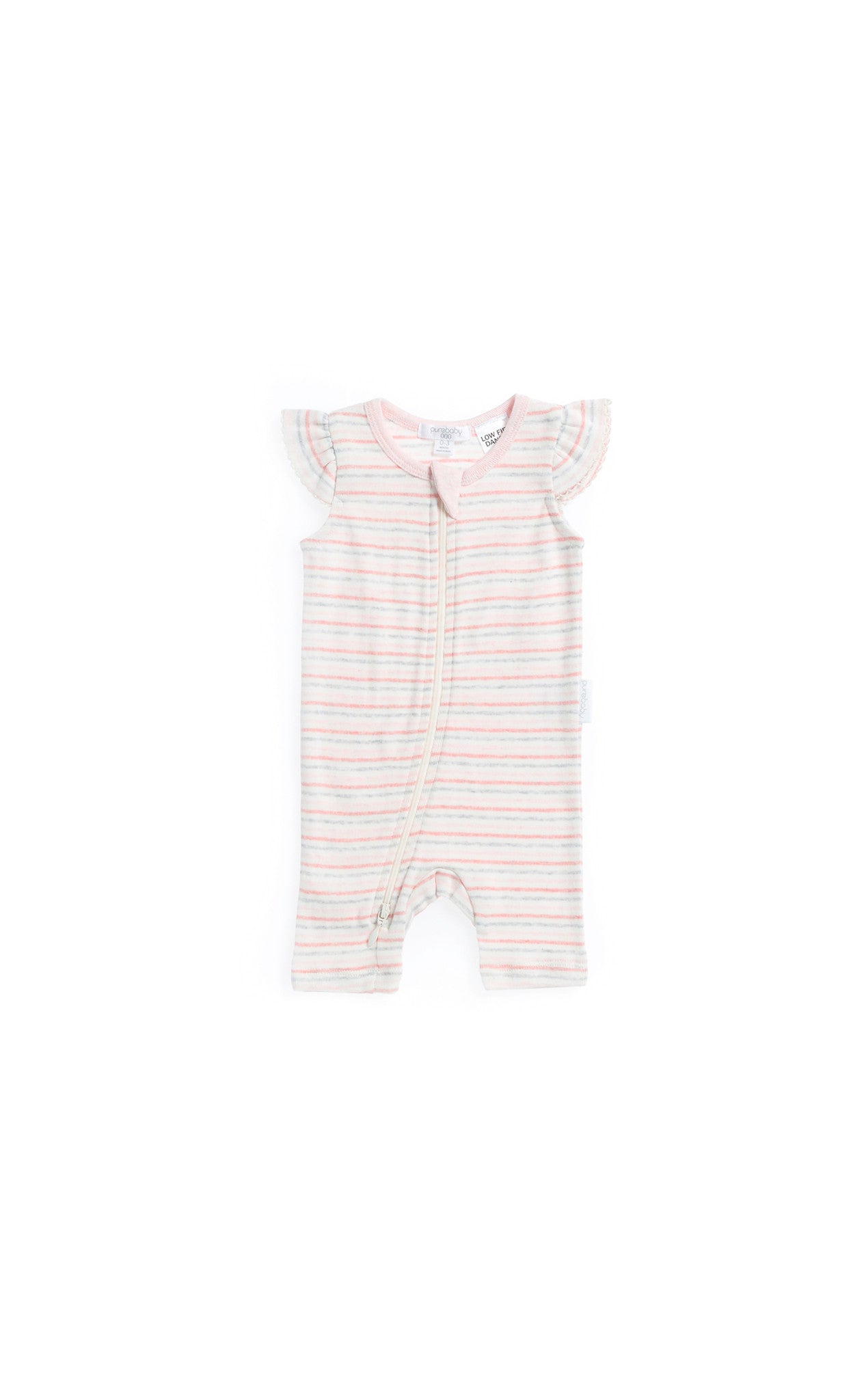 Purebaby Zip Growsuit with Flutter Sleeve (Powder Pink and Melon Stripe), , Children's Clothing, Purebaby, Party Twinkle | PO BOX 3145 BRIGHTON VIC 3186 AUSTRALIA | www.partytwinkle.com.au