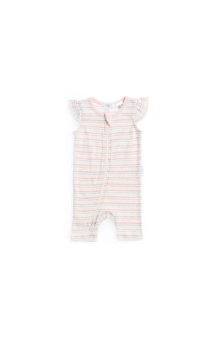 Purebaby Zip Growsuit with Flutter Sleeve (Powder Pink and Melon Stripe), , Children's Clothing, Purebaby, Party Twinkle | PO BOX 3145 BRIGHTON VIC 3186 AUSTRALIA | www.partytwinkle.com.au 