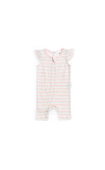 Purebaby Zip Growsuit with Flutter Sleeve (Powder Pink and Melon Stripe), , Children's Clothing, Purebaby, Party Twinkle | PO BOX 3145 BRIGHTON VIC 3186 AUSTRALIA | www.partytwinkle.com.au 