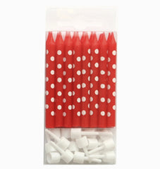 Sambellina Red and White Dots Candles with Holders (16), , Candles, Sambellina, Party Twinkle | PO BOX 3145 BRIGHTON VIC 3186 AUSTRALIA | www.partytwinkle.com.au 