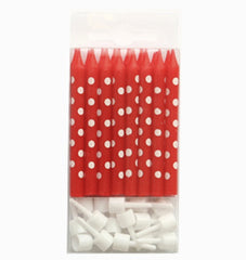 Sambellina Red and White Dots Candles with Holders (16), , Candles, Sambellina, Party Twinkle | PO BOX 3145 BRIGHTON VIC 3186 AUSTRALIA | www.partytwinkle.com.au 