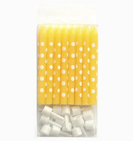Sambellina Yellow and White Dots Candles with Holders (16), , Candles, Balloon Agencies, Party Twinkle | PO BOX 3145 BRIGHTON VIC 3186 AUSTRALIA | www.partytwinkle.com.au 