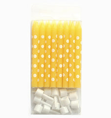 Sambellina Yellow and White Dots Candles with Holders (16), , Candles, Balloon Agencies, Party Twinkle | PO BOX 3145 BRIGHTON VIC 3186 AUSTRALIA | www.partytwinkle.com.au 