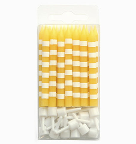 Sambellina Yellow and White Stripes Candles with Holders (16), , Candles, Balloon Agencies, Party Twinkle | PO BOX 3145 BRIGHTON VIC 3186 AUSTRALIA | www.partytwinkle.com.au 