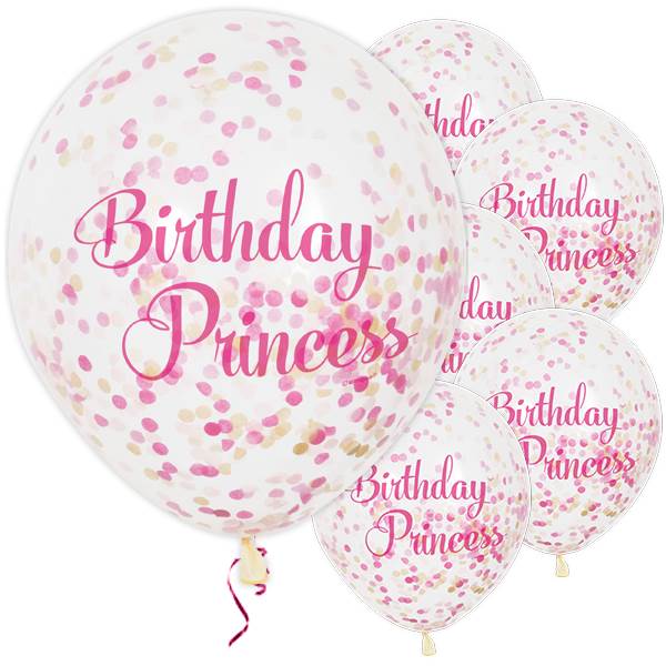 Birthday Princess Pink Confetti Party Balloons - 12" / 3cm Latex (pack of 6) ~