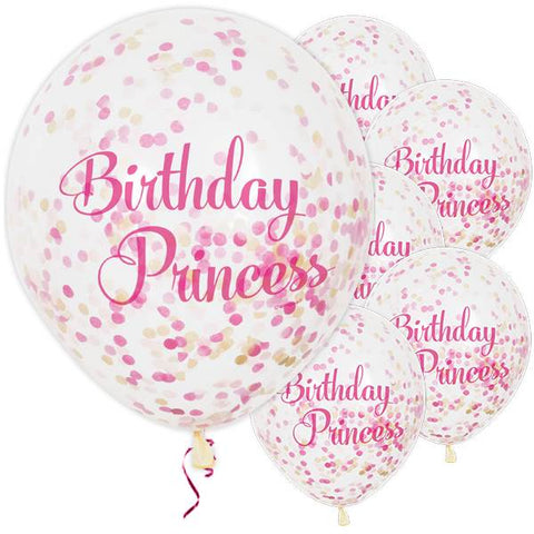 Birthday Princess Pink Confetti Party Balloons - 12" / 3cm Latex (pack of 6) ~