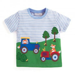 Jojo Maman Bebe Fox Farmers T-Shirt Blue/Ecru Stripe 5-6 years